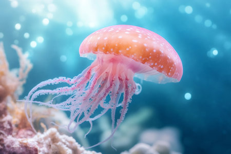 Pink jellyfish swimming gracefully underwater near corals, illuminated by bright sunlightの素材