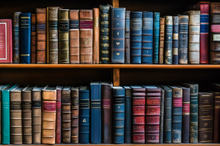 Vintage library shelves holding many old literature books presenting education and wisdomの素材