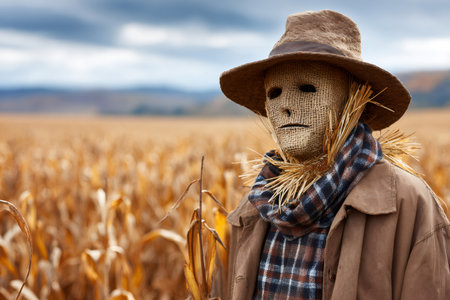 Scarecrow standing outdoors in a brown cornfield under a cloudy skyの素材