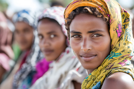 Ethiopian woman wearing traditional headscarf in vibrant colors, looking towards cameraの素材