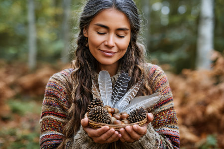 Woman offering natural elements, feeling gratitude and connection to the earth with closed eyesの素材