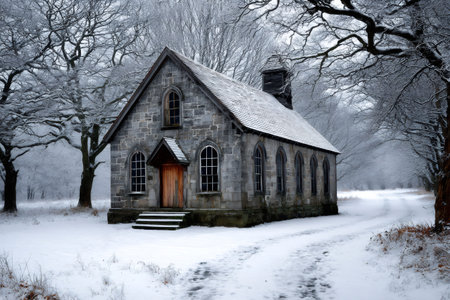 Stone chapel standing alone in a snow covered winter forest landscapeの素材