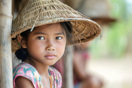 Young asian girl in a conical hat looking thoughtfully at the cameraの素材