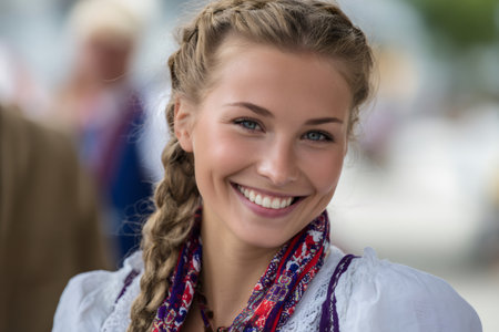Young woman smiling, wearing a white shirt with embroidered details and a colorful scarfの素材