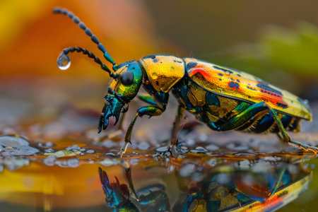 Iridescent jewel beetle standing on a wet surface reflecting its vibrant colorsの素材