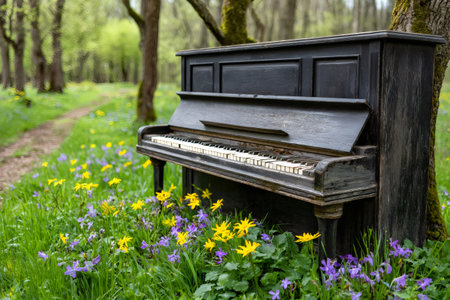 Old piano standing in a forest clearing among spring flowers and lush green grassの素材