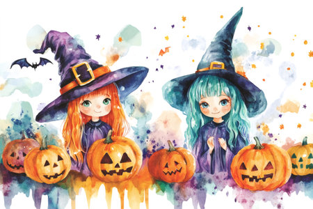 Two cheerful anime style witch girls standing among carved pumpkins, creating a festive atmosphereの素材