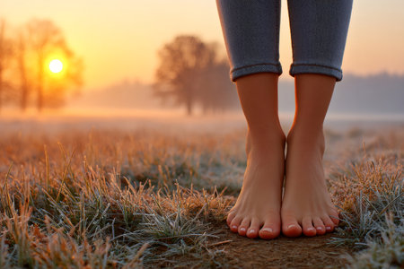 Woman's bare feet experiencing cold therapy on frozen grass during a winter morningの素材