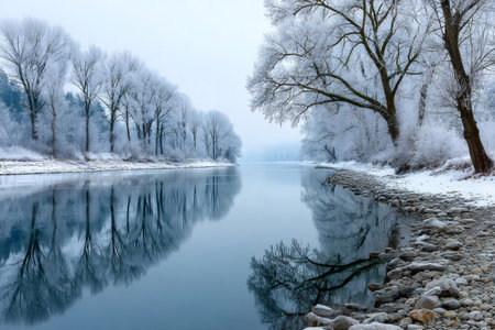 Frosted trees lining a calm winter river with reflections of snow covered branchesの素材