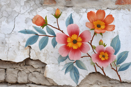 Floral painting on a cracked, peeling wall revealing old brickwork underneathの素材