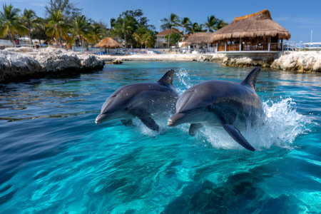 Two dolphins leaping from clear blue water near a tropical beach resortの素材
