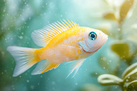 Yellow cichlid fish swimming gracefully in an underwater aquarium environment with soft lightの素材