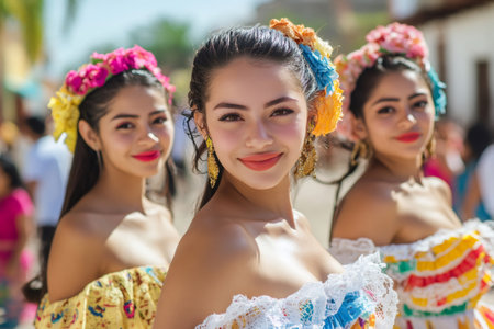 Young smiling women wearing traditional clothes and flowers in their hair during a celebrationの素材