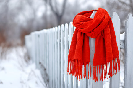 Red scarf hanging on a frost covered white picket fence in a snowy winter sceneの素材
