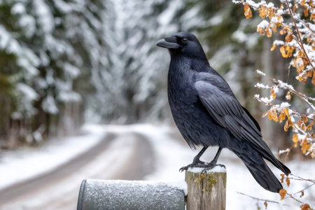 Raven standing on a wooden post beside a mailbox during a cold snowy dayの素材