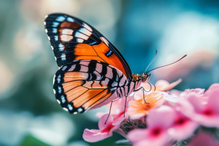 Butterfly landing on pink flowers and pollinating during a sunny dayの素材