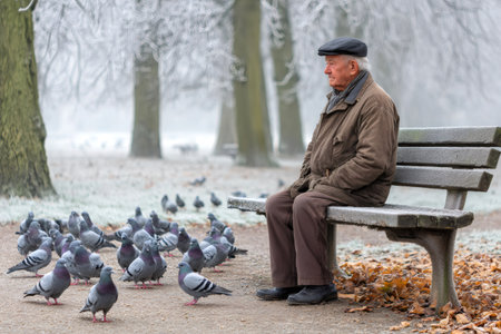 Elderly man sitting thoughtfully on a frosty park bench, surrounded by pigeonsの素材
