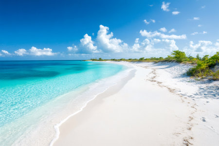 Turquoise ocean water gently washing a pristine white sand beach under a blue sky with cloudsの素材