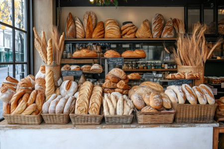 Diverse types of fresh artisan bread filling and bakery window displayの素材