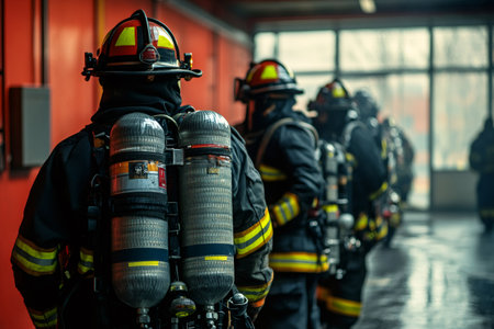 Firefighters standing in a row, wearing full uniform and oxygen tanks, ready for actionの素材
