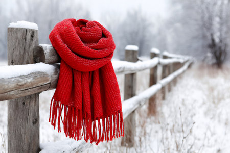 Red knitted scarf hanging on a snow covered wooden fence in a winter landscapeの素材