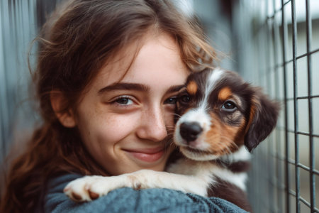Girl happily embracing a small puppy, symbolizing pet adoption, love, and childhood friendshipの素材