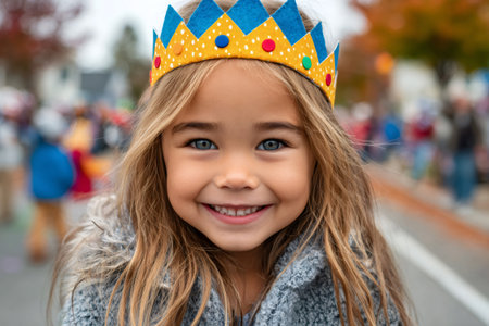Young girl smiling wearing a colorful handmade crown and gray coatの素材