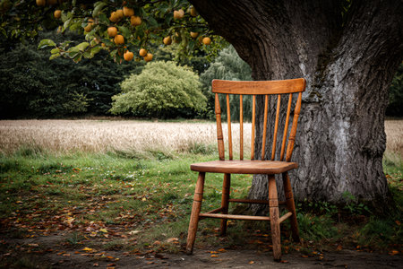 Wooden chair sitting beneath an apple tree, symbolizing solitude, nature, and quiet rural lifeの素材