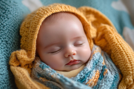 Newborn baby sleeping soundly wrapped in a cozy knitted blanket and hatの素材