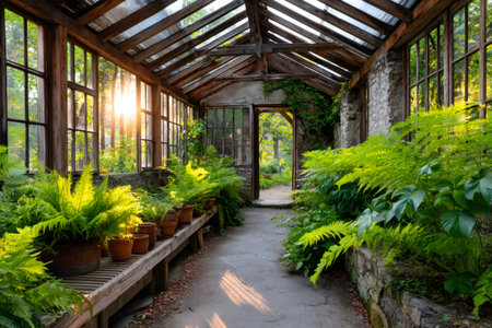 Overgrown greenhouse interior with ferns and potted plants receiving warm evening sunshineの素材
