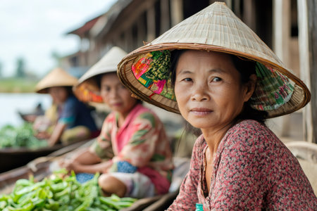Asian women selling fresh vegetables from their boats at a traditional floating marketの素材
