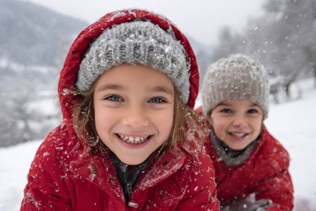 Happy children enjoying snowfall during winter holidays outdoorsの素材