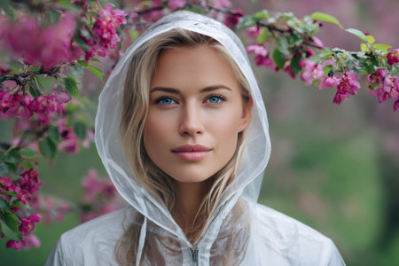 Woman wearing a transparent raincoat stands among pink blossoms during springtime rainの素材