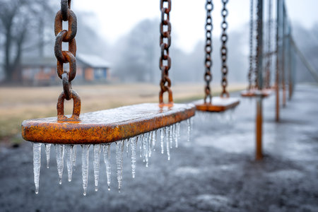 Rusty swing seat covered in ice and sharp icicles on an empty playground in cold weatherの素材