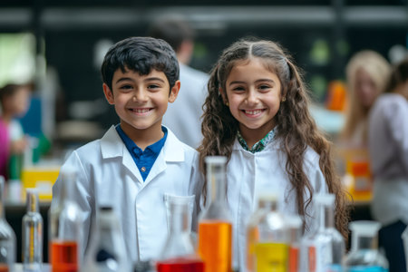 Two smiling children wearing lab coats are learning science in a school laboratoryの素材