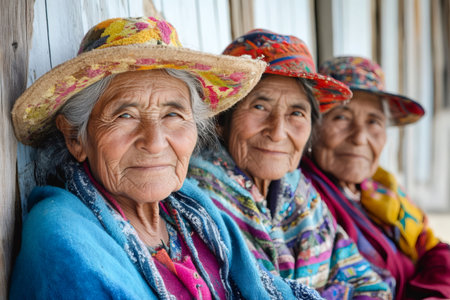 Three indigenous Peruvian women in colorful traditional dress and hats sitting togetherの素材