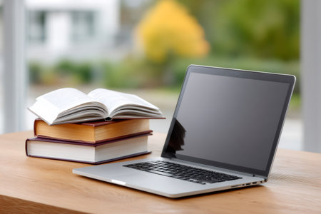 Laptop and stack of books on a wooden desk with a window backgroundの素材