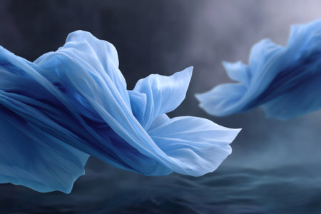 Light blue fabric gently floating and rippling above a dark, wavy liquidの素材