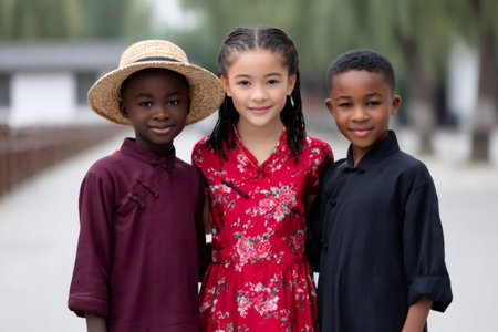 Three diverse children smiling, embracing multicultural friendship and unity in traditional Chinese clothingの素材