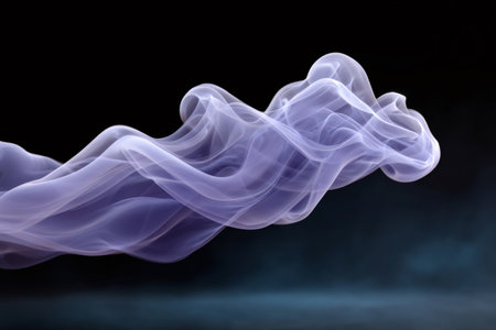 Purple smoke flowing in ethereal, wavy patterns against a dark studio backgroundの素材