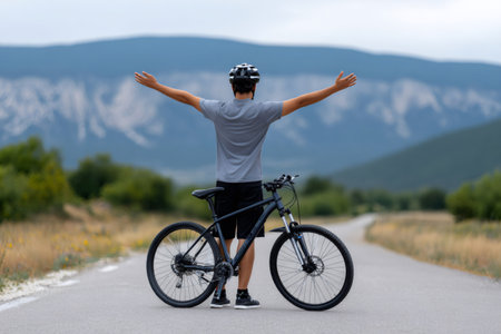 Cyclist standing with bicycle, arms open wide, embracing freedom on a mountain roadの素材