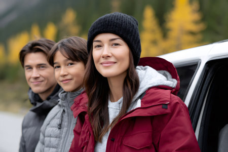 Family posing for portrait next to car during a fall road tripの素材