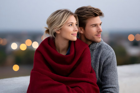 Loving young couple wrapped in a blanket, looking at the city lightsの素材