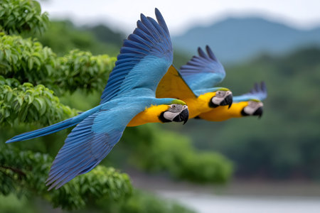 Blue and yellow macaws flying in a synchronized formation over lush green trees and waterの素材