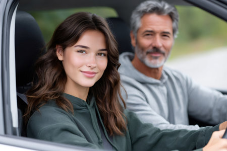 Teenager smiling while learning to drive with her father in a carの素材