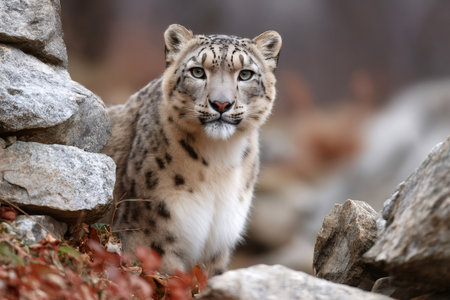 Snow leopard standing among rocks in its natural habitat, looking directly at the viewerの素材