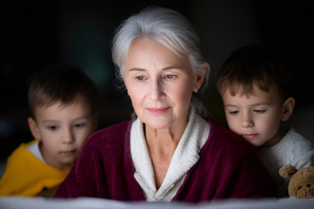 Grandmother reading a book to her two grandchildren staying close at nightの素材