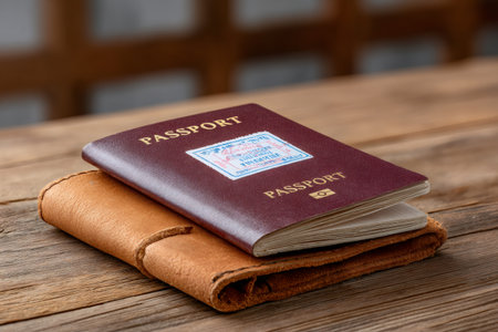 Passport with visa stamp resting on a leather wallet, ready for travelの素材