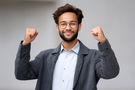 Young man smiling and cheering with fists raised showing excitement and successの素材