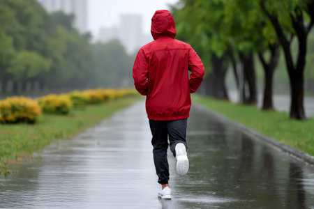Person jogging on a wet path in a park, maintaining fitness in the rainの素材